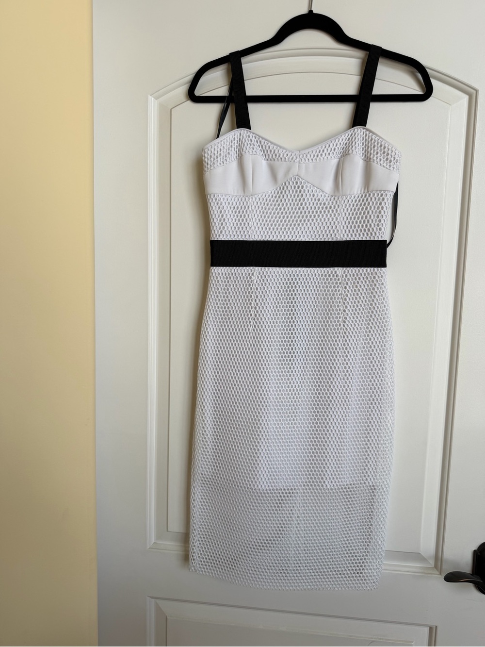 Milly White Mesh Midi Dress with Black Straps and Waist
